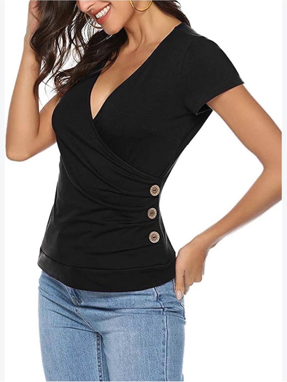 Guess Black Short-Sleeve Wrap Top with Side Buttons